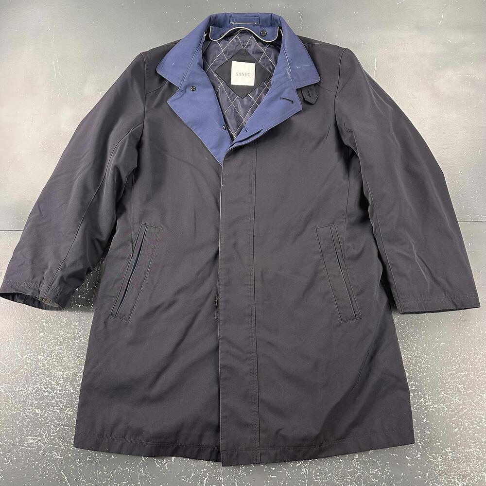Sanyo Trench Coat Mens Small Navy Blue Mid Length Business Casual Quilt Lined